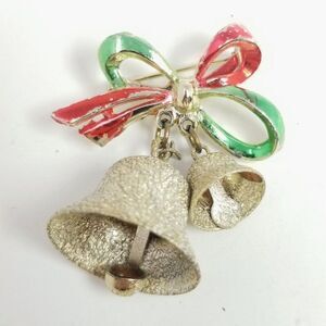 Vintage Christmas Bells Brooch, Gold Tone Enamel Holiday Winter Retro Estate
